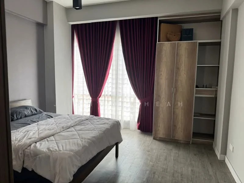 Bedroom features: queen-size bed with white bedding, wooden bed frame, floor-to-ceiling window with sheer curtains, dark red curtains, laminate flooring, built-in wardrobe with wood finish, open shelving in wardrobe, decorative items on top of wardrobe, wall-mounted light fixture; style: modern.