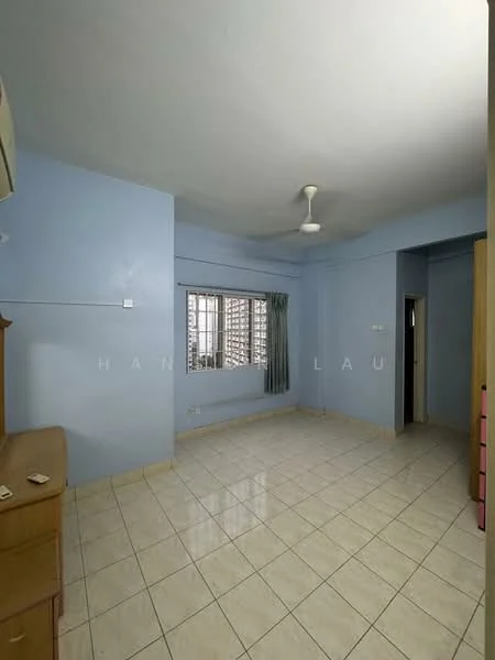 Room features: light blue painted walls, white ceiling, tiled flooring, floor-to-ceiling window, curtains, ceiling fan, built-in wardrobe, wooden dresser.