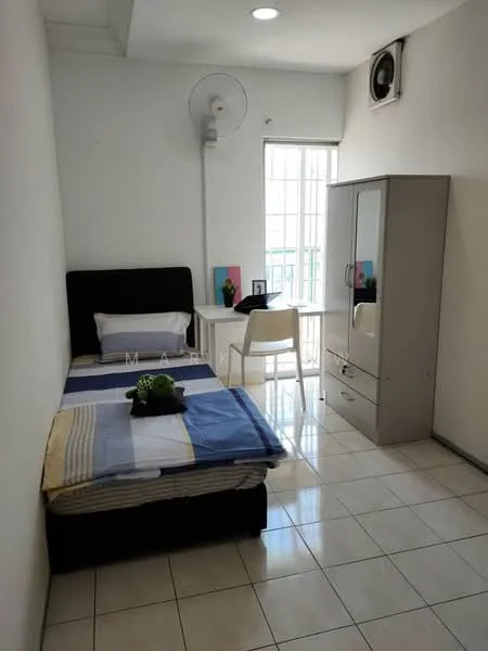 Bedroom features: single bed with blue and white bedding, white walls, tile flooring, window with grid pattern, wall-mounted split AC unit, ceiling light, study desk with chair, wardrobe with sliding doors, decorative items on desk; style: minimalist.