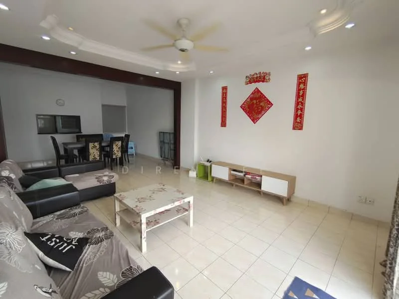 Living features: 3-seater black leather sofa, 2-seater fabric sofa with floral pattern, coffee table with floral design, white TV console, wall-mounted TV, ceiling fan with light, recessed downlights, white tiled flooring, decorative wall art, red wall decorations, open layout to dining area; style: modern.