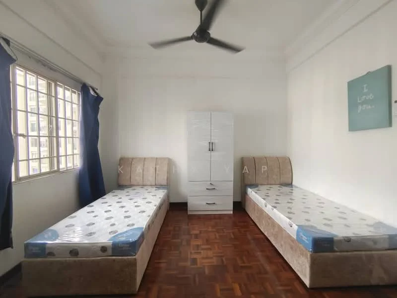 Bedroom features: two single beds with mattresses, wooden flooring, white painted walls, ceiling fan, window with grid pattern, blue curtains, wardrobe with multiple drawers, decorative wall art; style: minimalist.