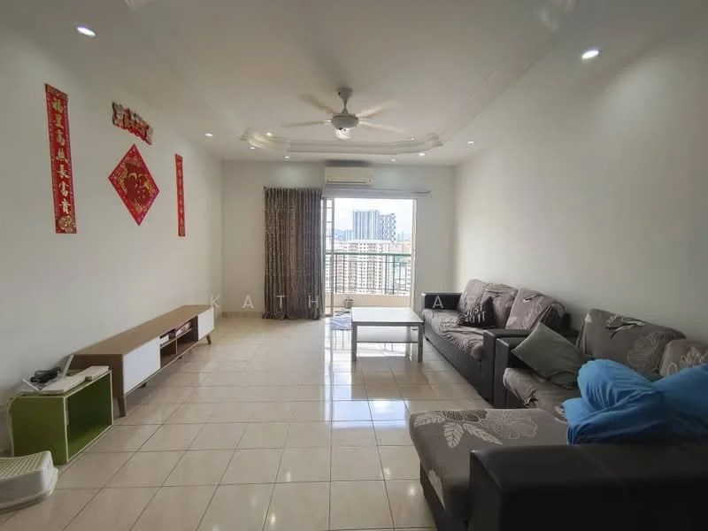 Living features: 3-seater fabric sofa in grey, 2-seater fabric sofa, coffee table, TV console, wall-mounted TV, area rug, ceiling fan, recessed downlights, floor-to-ceiling windows, curtains, white painted walls, glossy tile flooring; style: modern; view: city.
