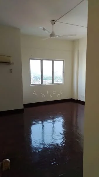 Room features: white painted walls, polished wooden flooring, floor-to-ceiling windows, 1 ceiling fan, air conditioning unit on wall, city view from window; view: city.