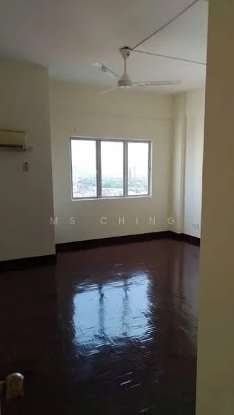 Room features: wooden flooring, white painted walls, ceiling fan, floor-to-ceiling windows, city view, air conditioning unit; view: city.
