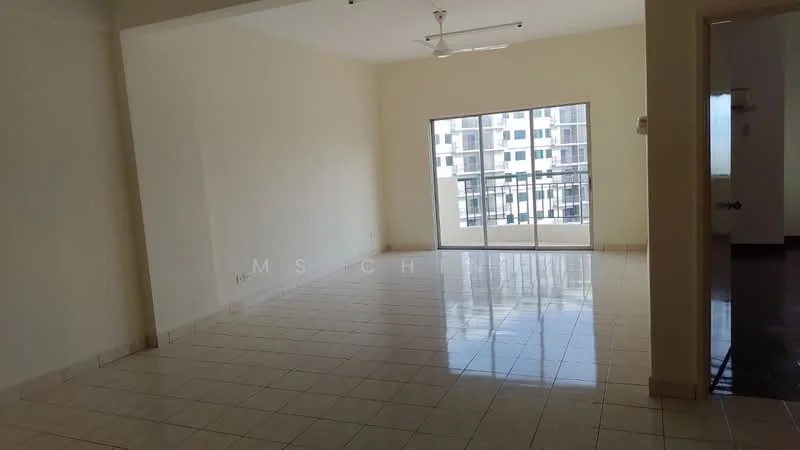 Living features: white painted walls, glossy ceramic tile flooring, ceiling fan, floor-to-ceiling sliding glass door, balcony access, natural light from large windows, neutral color scheme, open layout; style: modern; view: city.