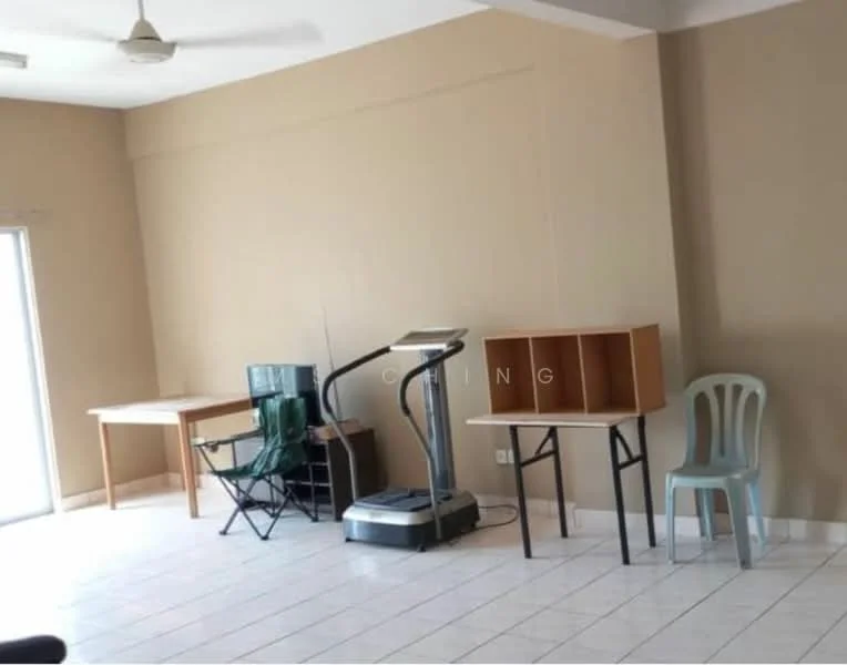 Room features: cream painted walls, white tiled flooring, ceiling fan, large sliding glass door, two wooden tables, exercise treadmill, folding chair, plastic chair.