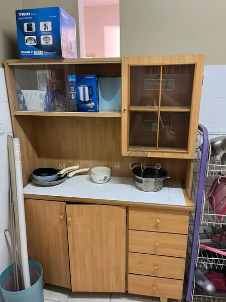 Kitchen features: wooden cabinetry, white countertop, stainless-steel pot, ceramic bowl, non-stick frying pan, electric kettle, microwave, storage drawers, open shelving, dish rack; style: modern.