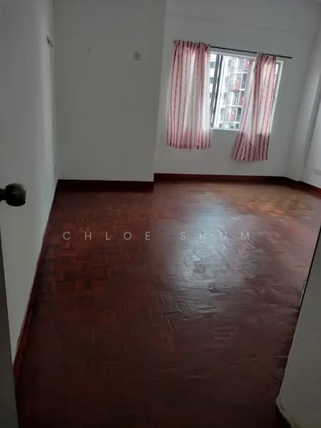 Room features: white painted walls, parquet wood flooring, floor-to-ceiling window, red striped curtains, single window, empty space.