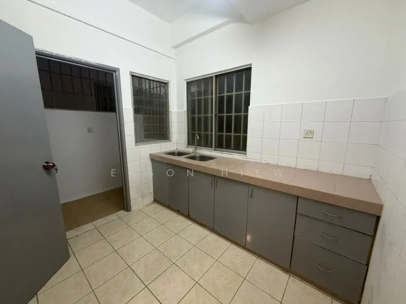 Kitchen features: grey cabinetry, laminate countertop, single-bowl stainless-steel sink, chrome faucet, white tiled backsplash, ceramic tile flooring, window with grid pattern, wall-mounted light fixture. Room features: tile flooring, window with grid pattern.