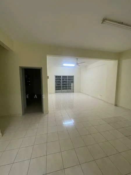 Room features: white painted walls, glossy ceramic tile flooring, ceiling with fluorescent lights, 1 ceiling fan, large window with grid pattern, neutral color scheme, open layout, no visible furniture; style: minimalist.