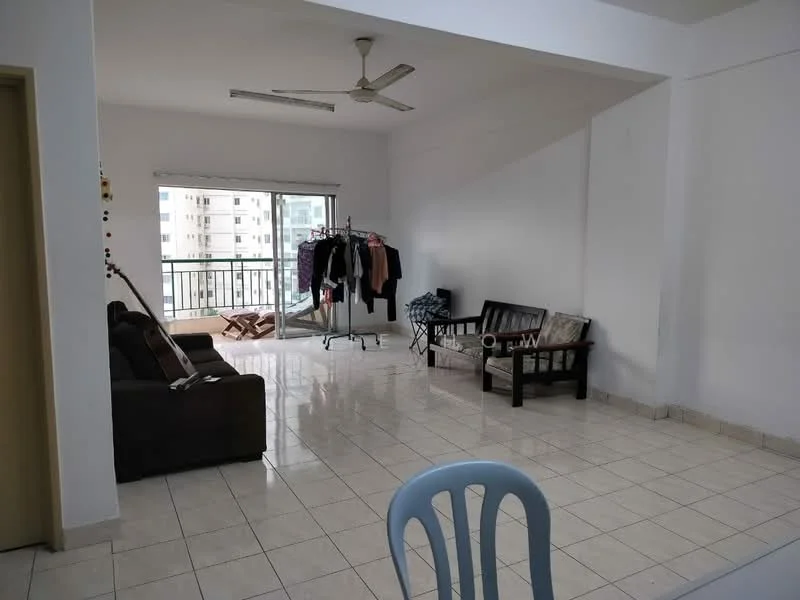 Living features: white painted walls, glossy ceramic tile flooring, 5-blade ceiling fan, floor-to-ceiling windows, sliding glass door, balcony access, brown leather sofa, wooden coffee table, clothes rack, decorative cushions, light-colored armchair; style: modern; view: city.