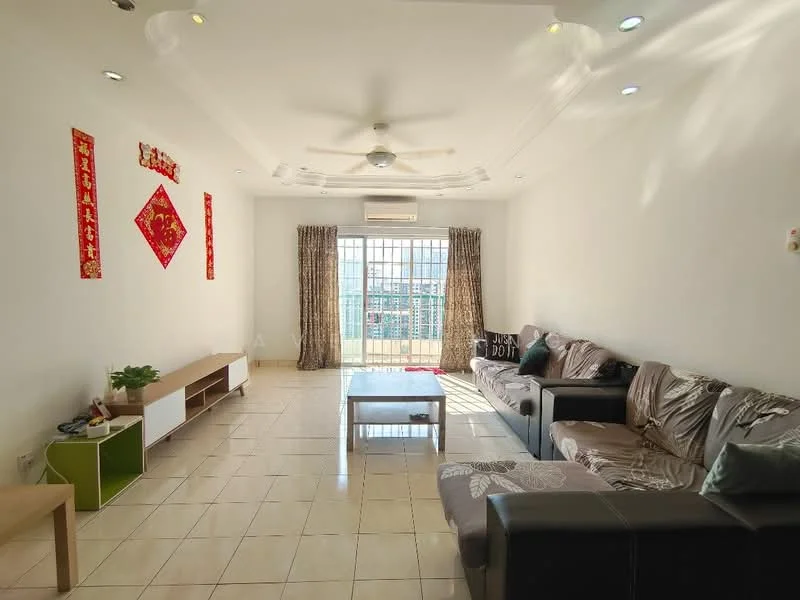 Living features: cream painted walls, tile flooring, tray ceiling, 5-blade ceiling fan with light, floor-to-ceiling windows, curtains, sofa in grey fabric, coffee table, TV console, decorative wall art, wall-mounted air conditioning unit; style: modern; view: city.