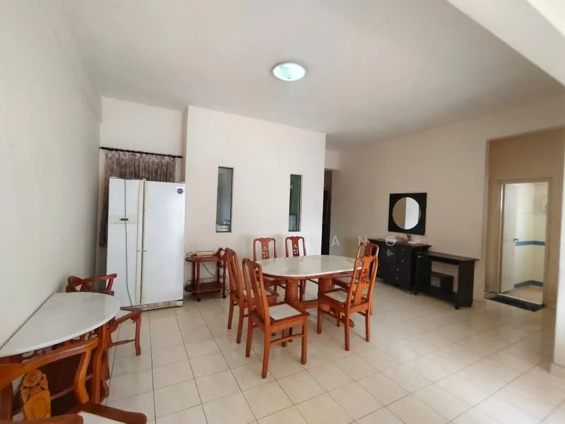Dining features: white tiled flooring, cream painted walls, ceiling light fixture, dining table with 6 wooden chairs, sideboard cabinet, refrigerator, two vertical windows, mirror on wall.