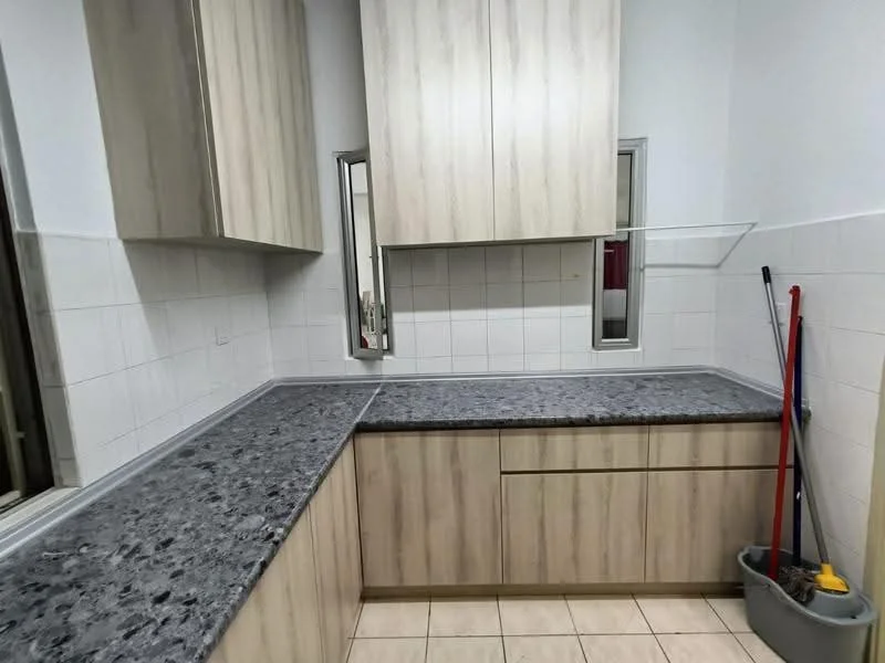 Kitchen features: laminate cabinetry in light wood finish, grey granite countertop, white tiled backsplash, single-bowl stainless-steel sink, chrome faucet, window above sink, tile flooring, under-cabinet lighting; style: modern.