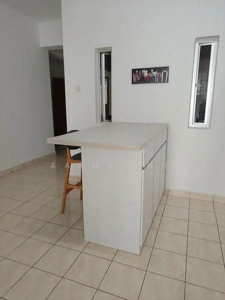 Kitchen features: white cabinetry, light-colored countertop, kitchen island with seating, tile flooring, two small windows, neutral wall color, open layout, stool with wooden legs; style: modern.