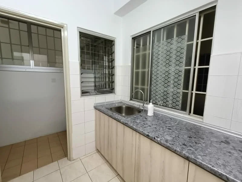 Kitchen features: granite countertop, single-bowl stainless-steel sink, chrome pull-down faucet, wood cabinetry, tile backsplash, white tiled walls, cream tiled flooring, window with metal grille, natural light from window; style: modern. Room features: white walls, tile flooring.