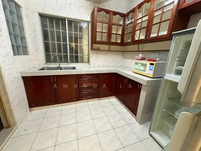 Kitchen features: brown wooden cabinetry with glass-front upper cabinets, white marble countertop, double-bowl stainless-steel sink, chrome pull-down faucet, built-in refrigerator, ceramic tile flooring, white tiled walls, window with grid pattern, kitchen appliances on countertop; style: traditional.