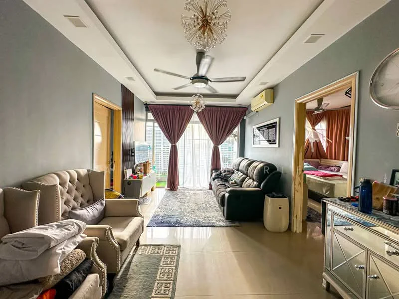 Living features: 3-seater fabric sofa in dark green, 2-seater fabric sofa in beige, coffee table, area rug with geometric pattern, floor-to-ceiling windows, sheer curtains, ceiling fan with light, chandelier, wall-mounted TV, decorative mirror, decorative wall clock, built-in cabinetry, light-colored walls, tile flooring; style: modern; view: city. Room features: bed with bedding, wall-mounted artwork, curtains, door leading to another room.