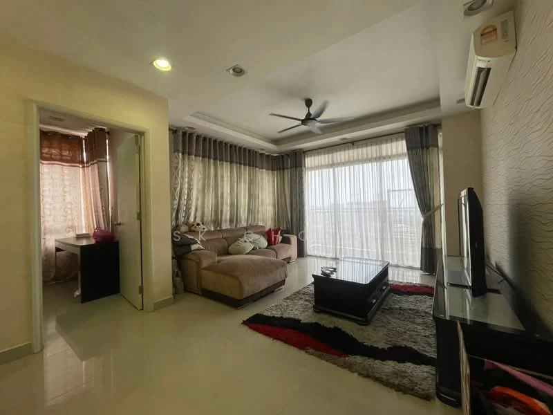 Living features: 3-seater fabric sofa in beige, coffee table, TV console, wall-mounted TV, area rug with geometric pattern, 5-blade ceiling fan with light, floor-to-ceiling windows with sheer curtains, cream painted walls, polished tile flooring, decorative wall paneling; style: modern; view: city. Room features: curtains, door leading to another room, light from window.