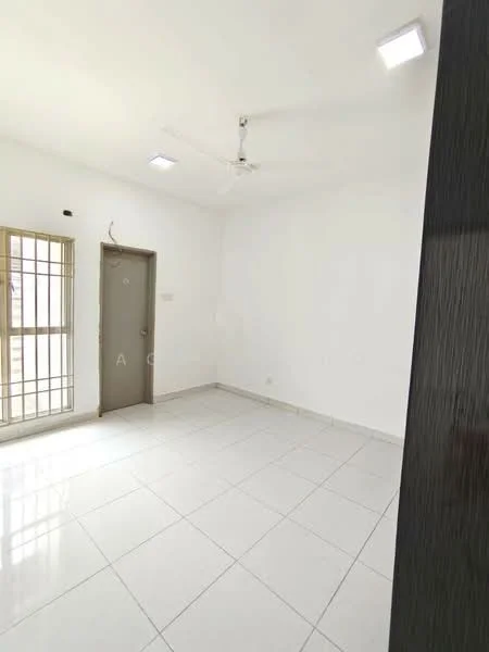 Room features: white painted walls, white ceiling, tile flooring, ceiling fan, window with security bars, single door, LED ceiling lights; style: modern.