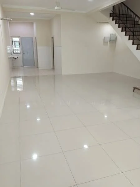 Room features: white painted walls, glossy ceramic tile flooring, recessed downlights, ceiling fan, staircase with metal railing, window with natural light, utility area visible, open layout; style: modern.