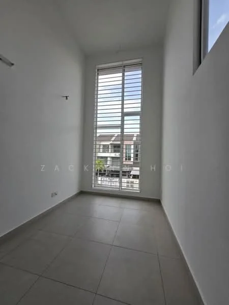 Room features: white painted walls, large window with horizontal slats, tile flooring, neutral color scheme, high ceiling, minimalist design, natural light, no visible furniture; style: modern; view: street.