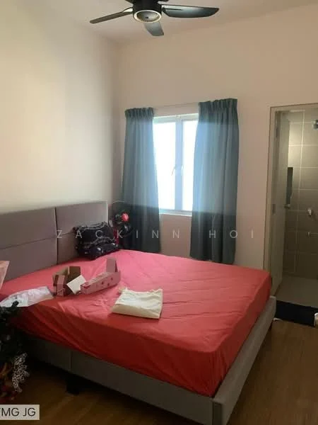 Bedroom features: queen-size bed with red bedding, upholstered headboard, wooden flooring, ceiling fan, floor-to-ceiling window, curtains in dark blue, built-in wardrobe, decorative wall art; style: modern.