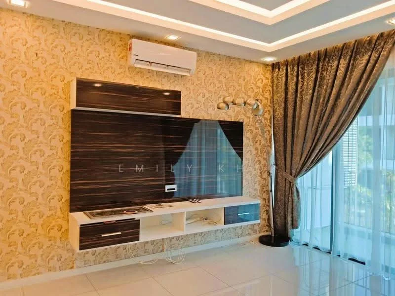 Living features: cream wallpaper with floral pattern, white ceiling with recessed lighting, 1 wall-mounted split AC, floor-to-ceiling windows with sheer curtains, dark wood TV console with storage, white tiled flooring, decorative floor lamp, crown moulding; style: modern.