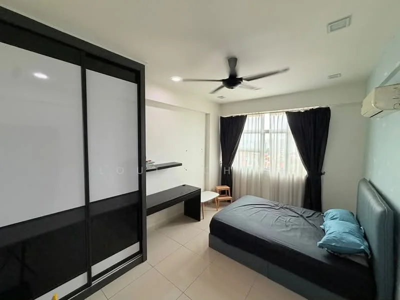 Bedroom features: queen-size bed, upholstered headboard, two blue pillows, black bedside table, wall-mounted shelf, floor-to-ceiling window, black curtains, ceiling fan, air conditioning unit, light-colored walls, tile flooring; style: modern.