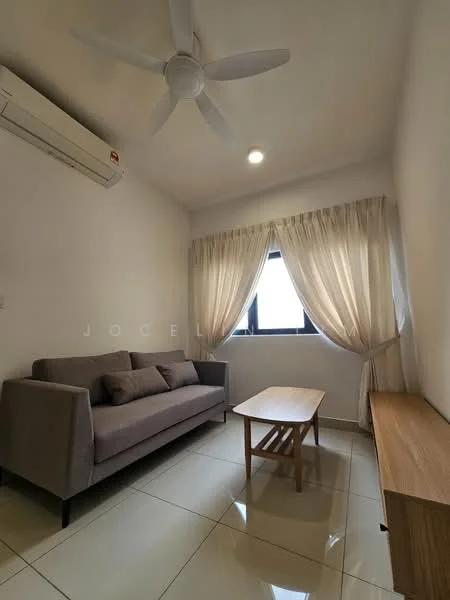 Living features: 3-seater fabric sofa in grey, wooden coffee table, TV console, floor-to-ceiling window, sheer curtains, 1 wall-mounted split AC, white painted walls, glossy ceramic tile flooring, recessed downlights, light-colored wooden cabinet; style: modern.