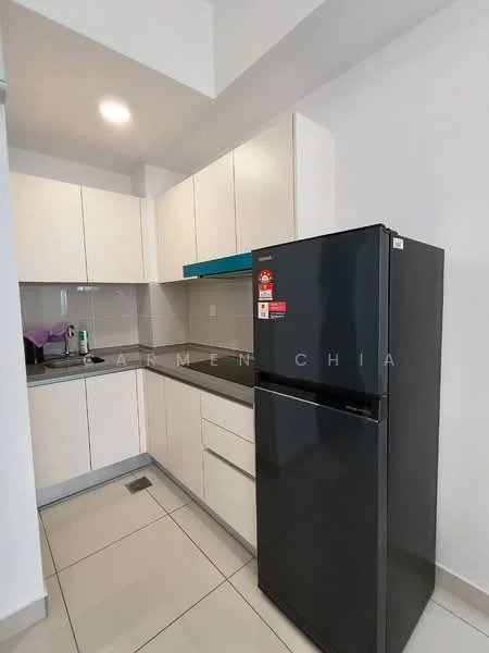 Kitchen features: white cabinetry with flat-panel doors, black refrigerator, grey countertop, ceramic tile flooring, stainless-steel sink, single-bowl stainless-steel sink, chrome faucet, wall-mounted cabinets, backsplash with grey tiles, built-in oven, microwave, open shelving; style: modern.