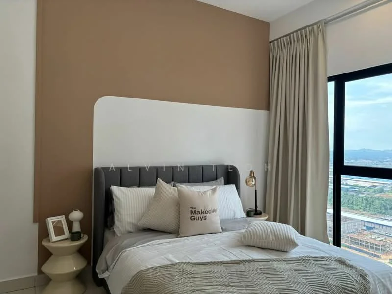 Bedroom features: queen-size bed with grey upholstered headboard, white bedding with decorative pillows, side table with lamp, curtains in light fabric, accent wall in brown, white painted walls, floor-to-ceiling window, city view, decorative throw pillow; style: modern; view: city.