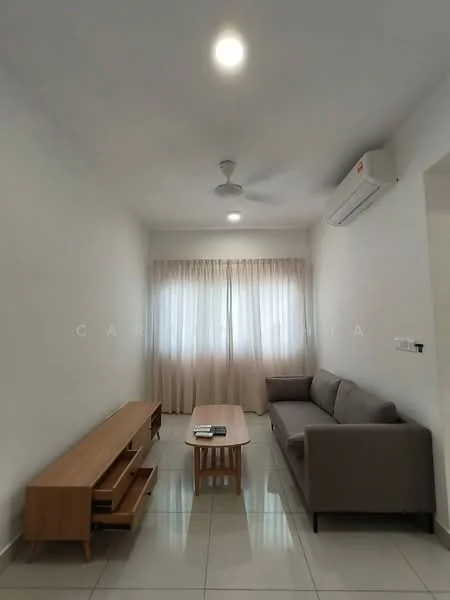 Living features: light grey fabric sofa, wooden coffee table, TV console with storage, white painted walls, glossy tile flooring, ceiling fan, recessed downlights, floor-to-ceiling windows with sheer curtains, air conditioning unit; style: modern.