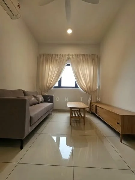Living features: 3-seater fabric sofa in grey, wooden coffee table, TV console in light wood, floor-to-ceiling window, sheer curtains, wall-mounted split AC, glossy tile flooring, recessed ceiling light, ceiling fan; style: modern.