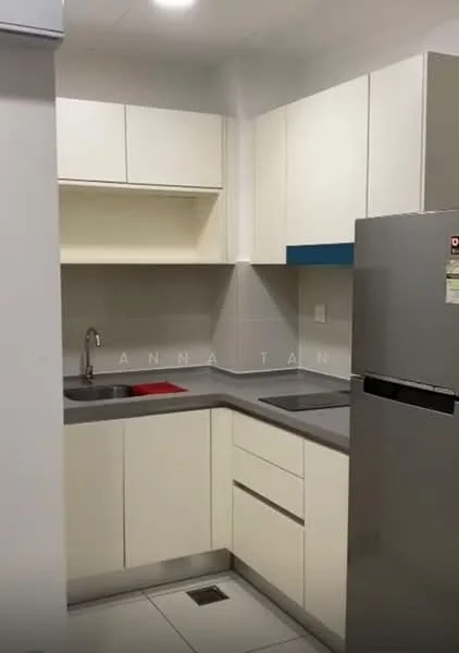 Kitchen features: white shaker cabinets, grey countertop, stainless-steel fridge, single-bowl stainless-steel sink, chrome pull-down faucet, tile backsplash, under-cabinet lighting, floor tiles, open shelving, built-in cabinetry; style: modern.