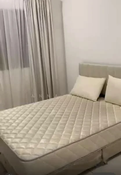 Bedroom features: queen-size bed, upholstered headboard, two decorative pillows, white painted walls, light-colored curtains, floor-to-ceiling window, laminate flooring; style: modern.