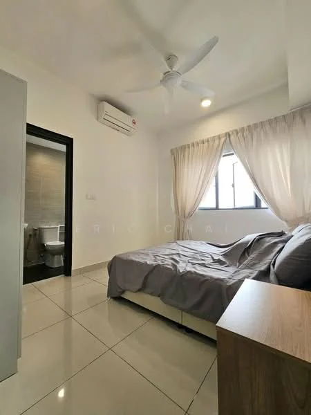 Bedroom features: queen-size bed with grey bedding, wooden bedside table, 5-blade ceiling fan with light, wall-mounted split AC, floor-to-ceiling window with sheer curtains, white painted walls, glossy tile flooring, built-in wardrobe with sliding doors; style: modern. Bathroom features: toilet, white tiled walls, grey tiled flooring.