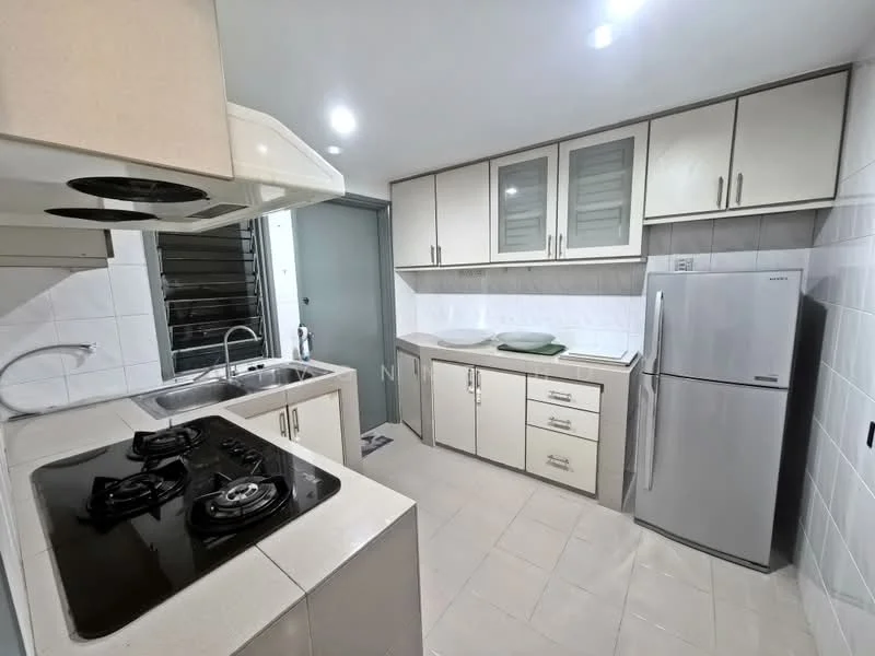 Kitchen features: white cabinetry with glass-front upper cabinets, grey countertop, double-bowl stainless-steel sink, chrome pull-down faucet, built-in gas hob with 2 burners, stainless-steel fridge, tile backsplash, ceramic tile flooring, recessed LED downlights, window with metal grille, kitchen island with seating area; style: modern.
