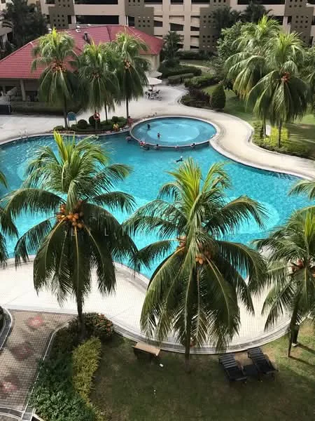 Exterior type: swimming pool deck; features: infinity pool, circular jacuzzi, palm trees, manicured landscaping, pool deck with loungers, surrounding greenery, residential buildings in background; style: tropical-modern.