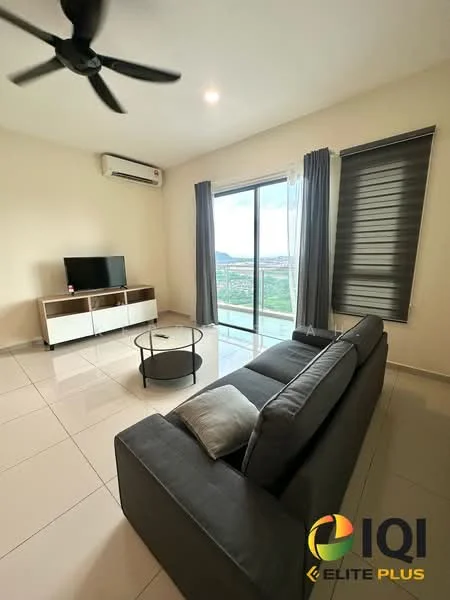Living features: grey fabric sofa, coffee table, wall-mounted TV, TV console with storage, floor-to-ceiling windows, curtains, light-colored walls, tile flooring, ceiling fan, air conditioning unit; style: modern; view: city.