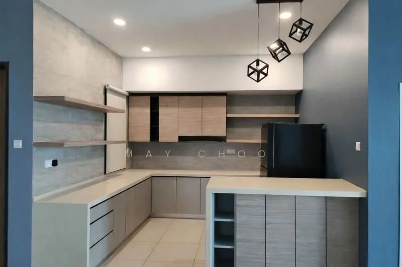 Kitchen features: laminate cabinetry in light wood finish, grey stone backsplash, white countertop, built-in refrigerator, open shelving, under-cabinet lighting, recessed ceiling lights, tile flooring, modern pendant lights; style: modern.