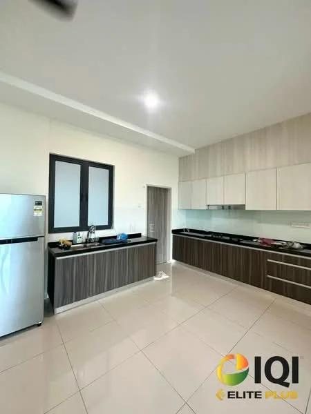 Kitchen features: stainless-steel fridge, black countertop, light wood cabinetry, dark wood lower cabinets, ceramic tile flooring, recessed downlights, double-bowl stainless-steel sink, chrome pull-down faucet, built-in gas hob, exhaust hood, window with black frame; style: modern.