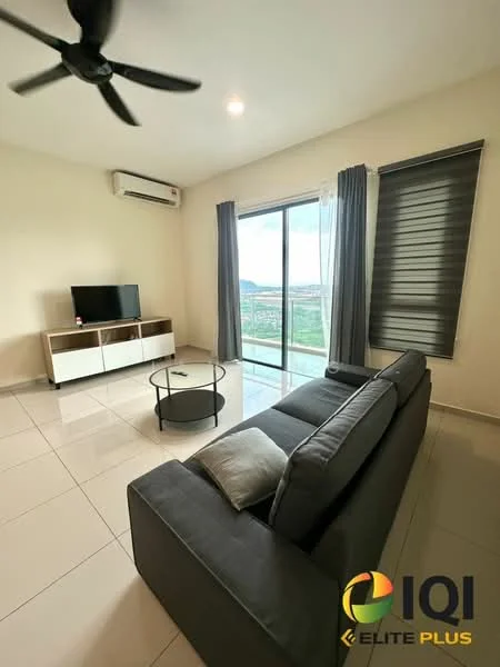 Living features: grey fabric sofa, round glass coffee table, wall-mounted TV, white TV console, floor-to-ceiling windows, curtains, air conditioning unit, ceiling fan with light, glossy tile flooring, mountain view; style: modern; view: mountain.