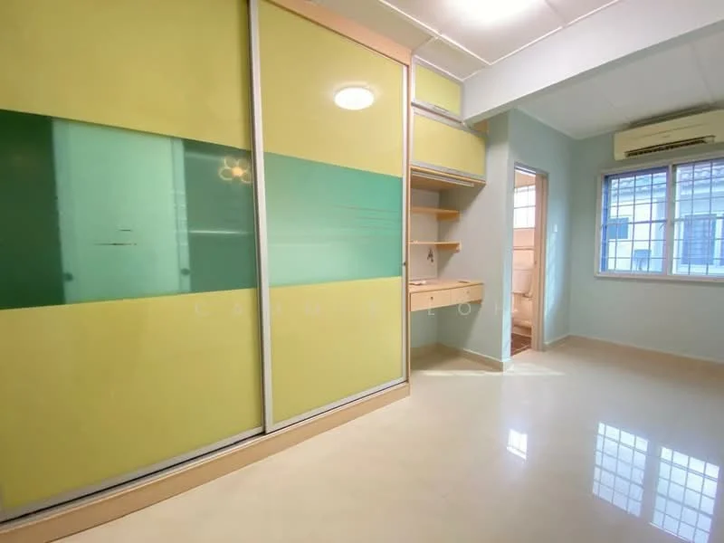 Bedroom features: built-in wardrobe with sliding doors in green and yellow, wall-mounted shelf, cream tiled flooring, light blue painted walls, window with grid pattern, air conditioning unit, ceiling light fixture; style: modern.