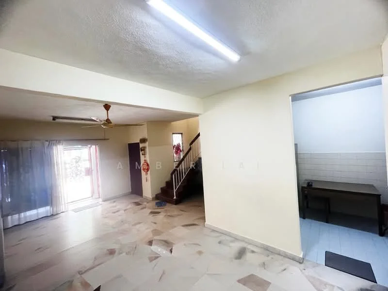 Living features: marble tile flooring, white painted walls, ceiling fan, large windows with sheer curtains, staircase visible in background, door leading outside, recessed lighting, open layout. Room features: tile flooring, white painted walls, table and chairs, wall-mounted light fixture.