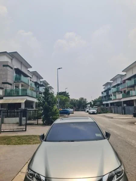 Exterior type: linked terrace house; features: modern facade with glass balconies, two-storey buildings, manicured landscaping, paved walkway, street lighting, open parking space, surrounded by greenery, gated community entrance; style: modern.
