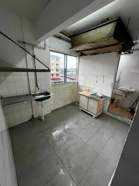 Laundry features: grey tile flooring, white tiled walls, single-bowl stainless-steel sink, metal shelving unit, window with city view, exposed ceiling with ventilation hood, utility cabinet, plumbing fixtures visible; view: city. Room features: toilet, sink, white tiled walls, wooden flooring.