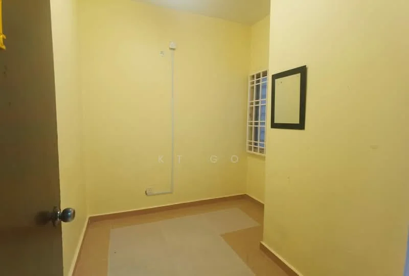 Room features: yellow painted walls, vinyl flooring in beige and cream, window with grid pattern, single door, mirror on wall, exposed electrical wiring.