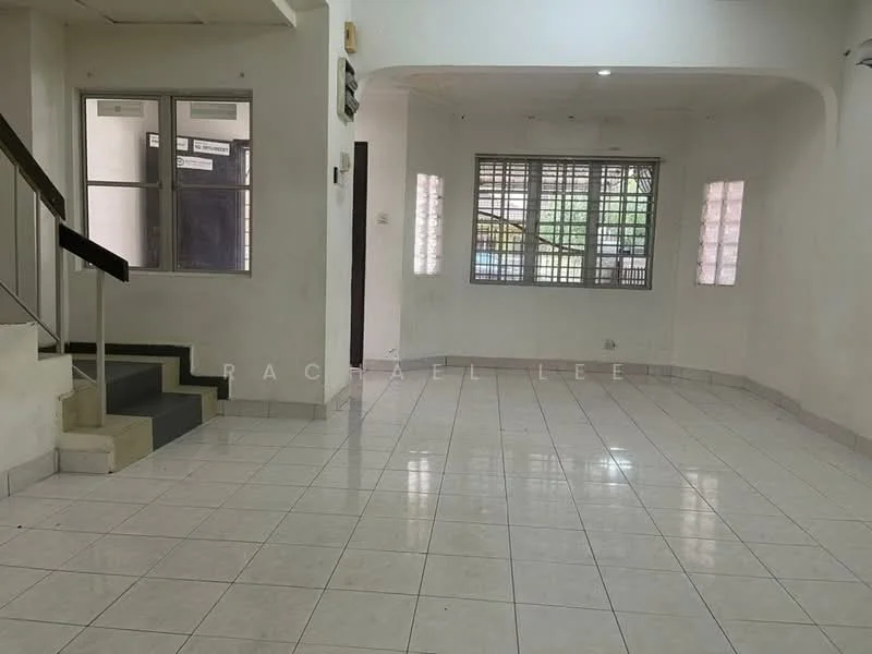 Living features: white painted walls, glossy ceramic tile flooring, large windows with grid pattern, natural light from windows, staircase leading to upper level, open layout, neutral color scheme, no visible furniture; style: modern.