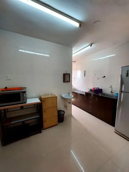 Kitchen features: white tiled walls, glossy ceramic tile flooring, recessed LED downlights, stainless-steel fridge, built-in kitchen cabinets in dark wood, single-bowl stainless-steel sink, chrome pull-down faucet, microwave oven, wooden shelving unit, waste bin, countertop workspace, window for natural light; style: modern.